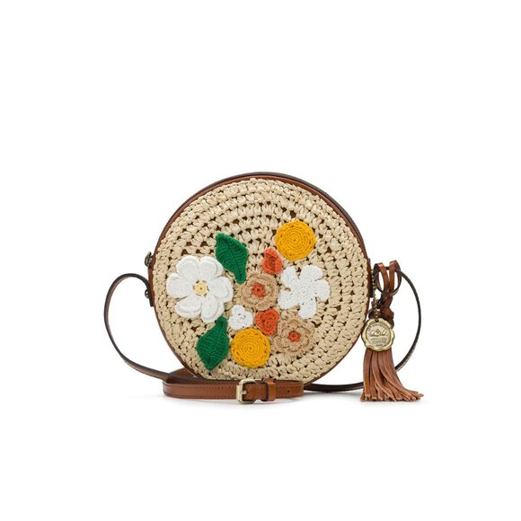 NEW PATRICIA NASH Crossbody Bag Raffia w/ Crochet Flowers Brown Leather - Picture 1 of 7